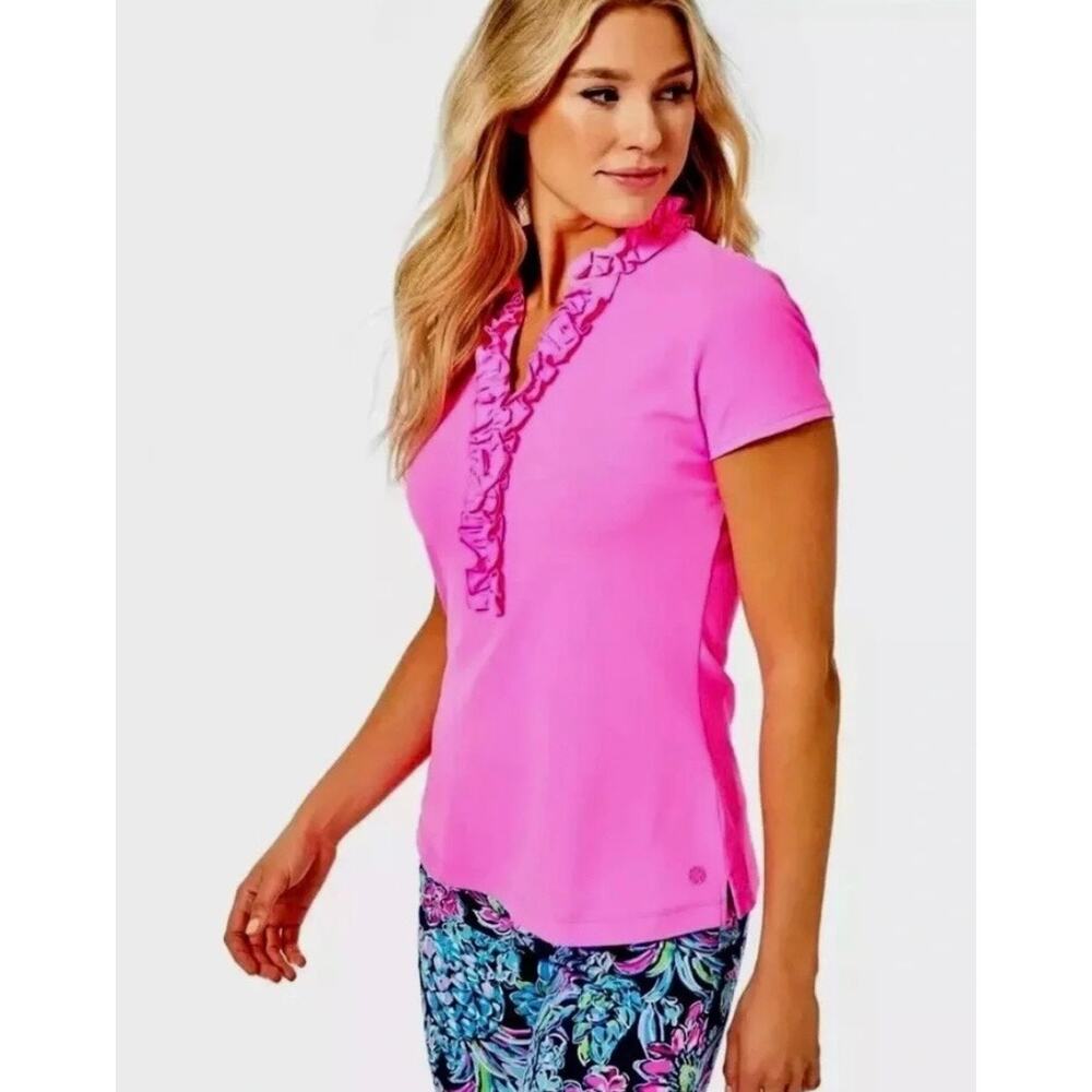 Lilly Pulitzer Luxletic Frida Ruffle Polo XL Hot Pink UPF 50 Golf Pickleball